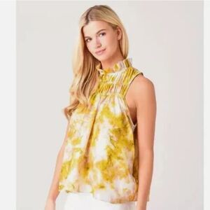 Joie Women’s Green Porcelain Smocked Neck Abstract Print Shmmer Top Sz-XS/S